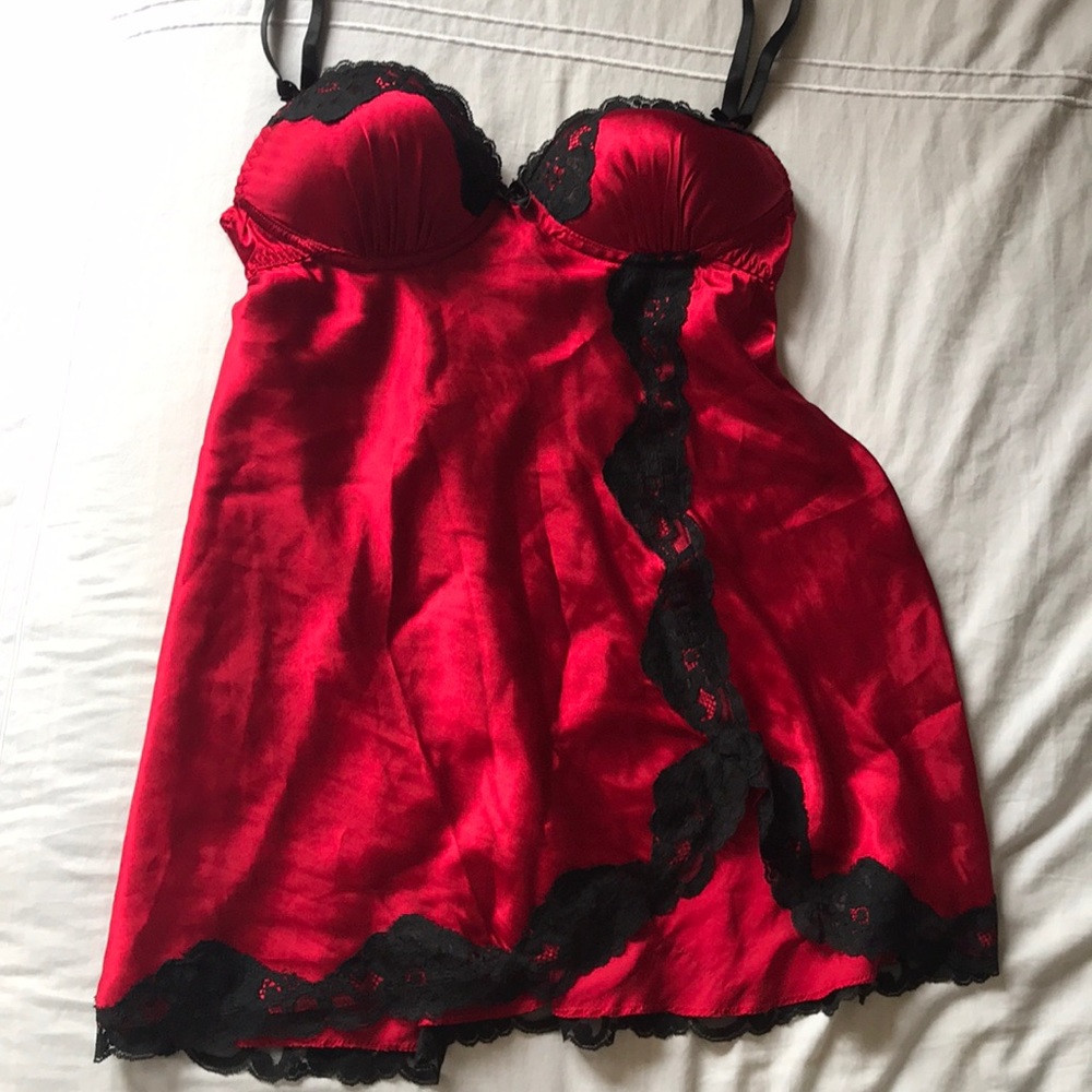 Silky Red & Black Lace Trim Lingerie